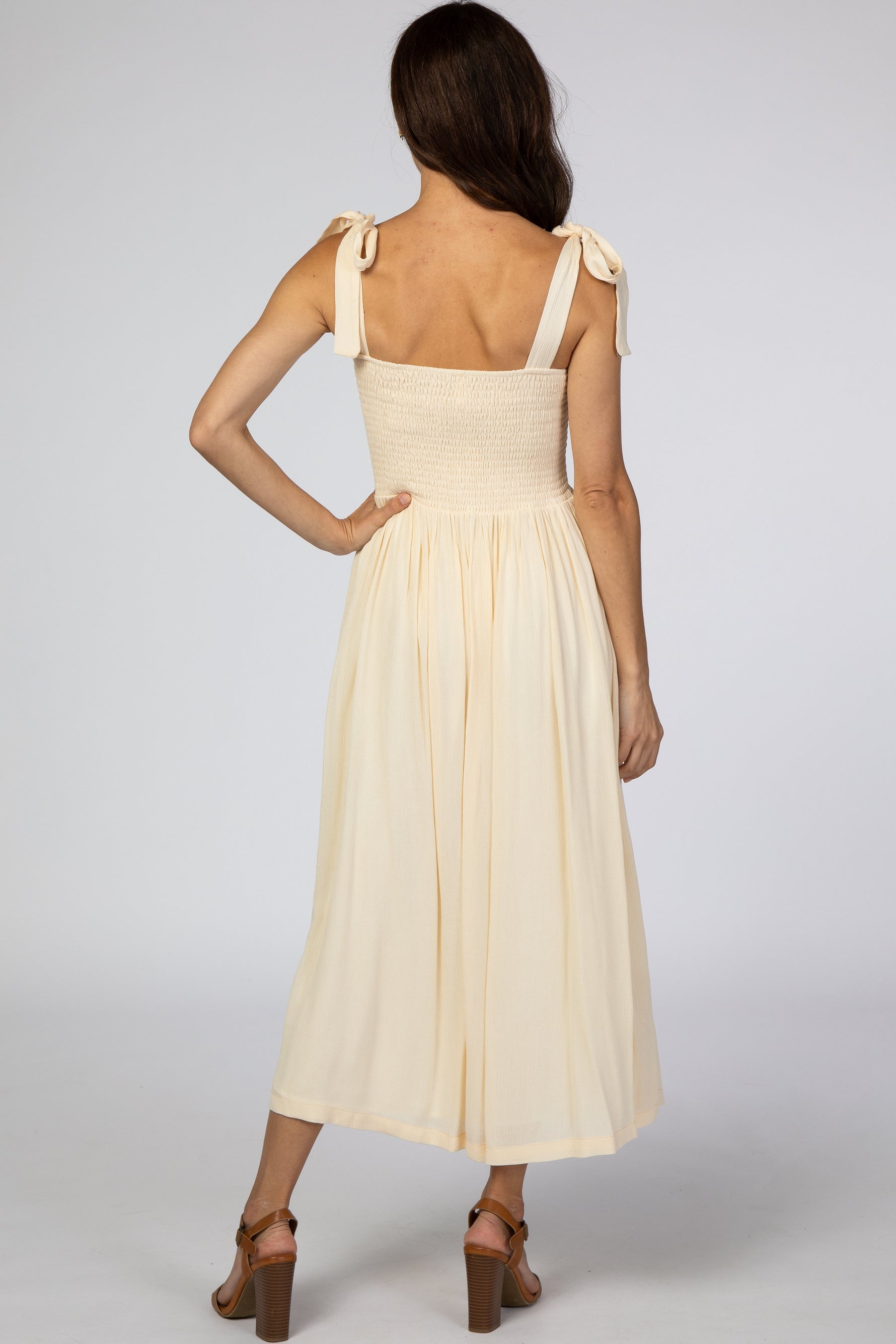 PinkBlush Beige Smocked Tie Strap Midi DressEveretts Place