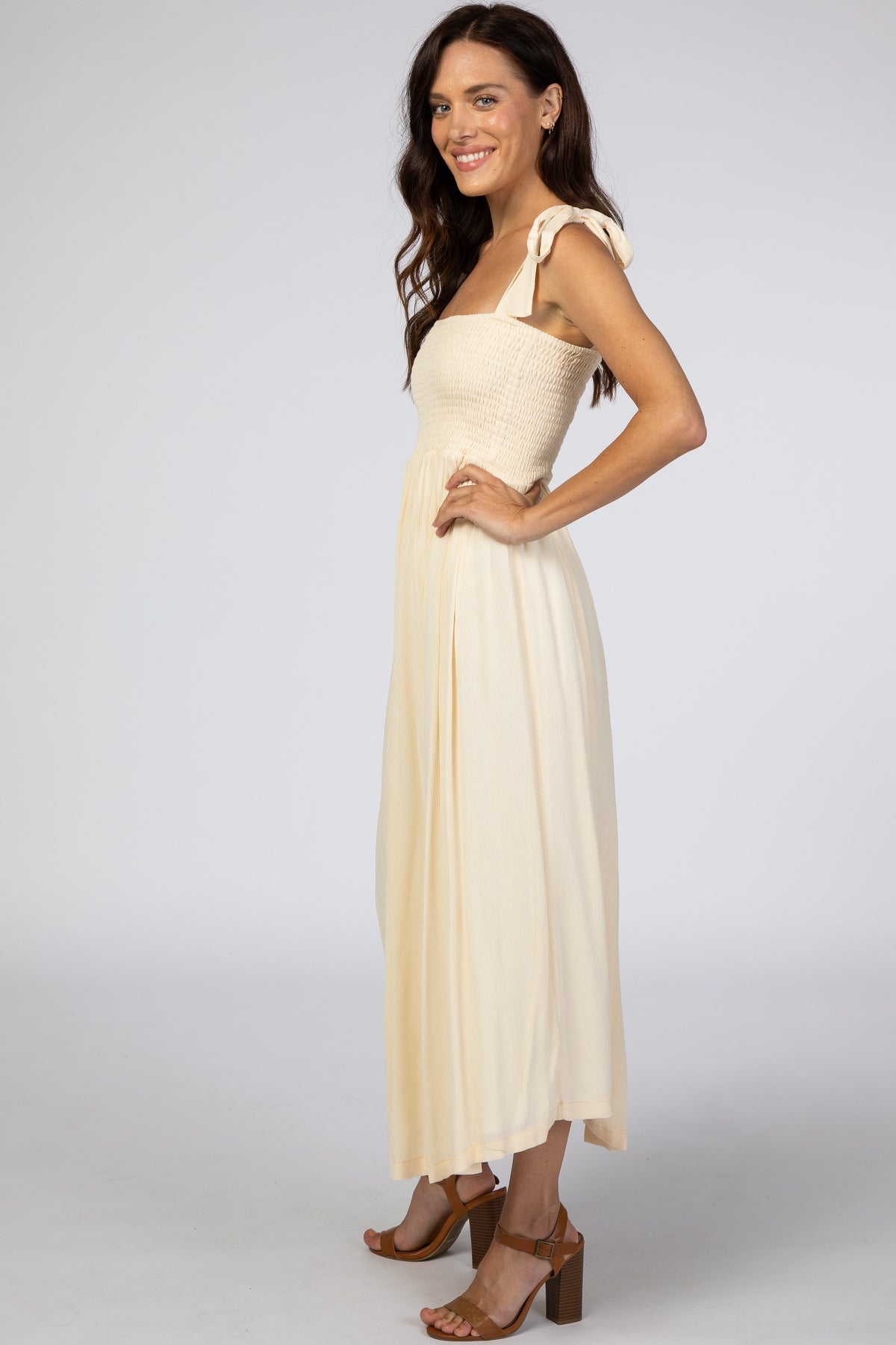PinkBlush Beige Smocked Tie Strap Midi DressEveretts Place