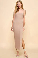 PinkBlush Beige Striped Sleeveless Fitted Maxi Dress - 