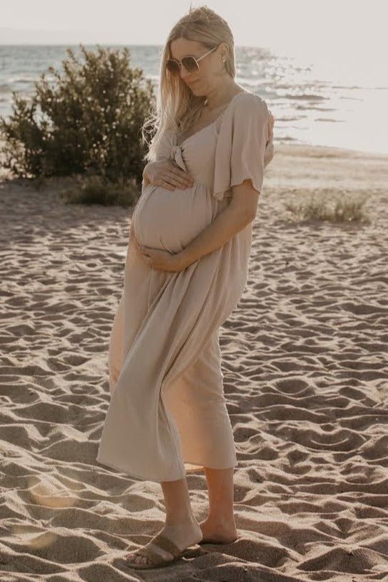 PinkBlush Beige Textured Dot Front Tie Ruffle Sleeve Maternity Midi DressEveretts Place