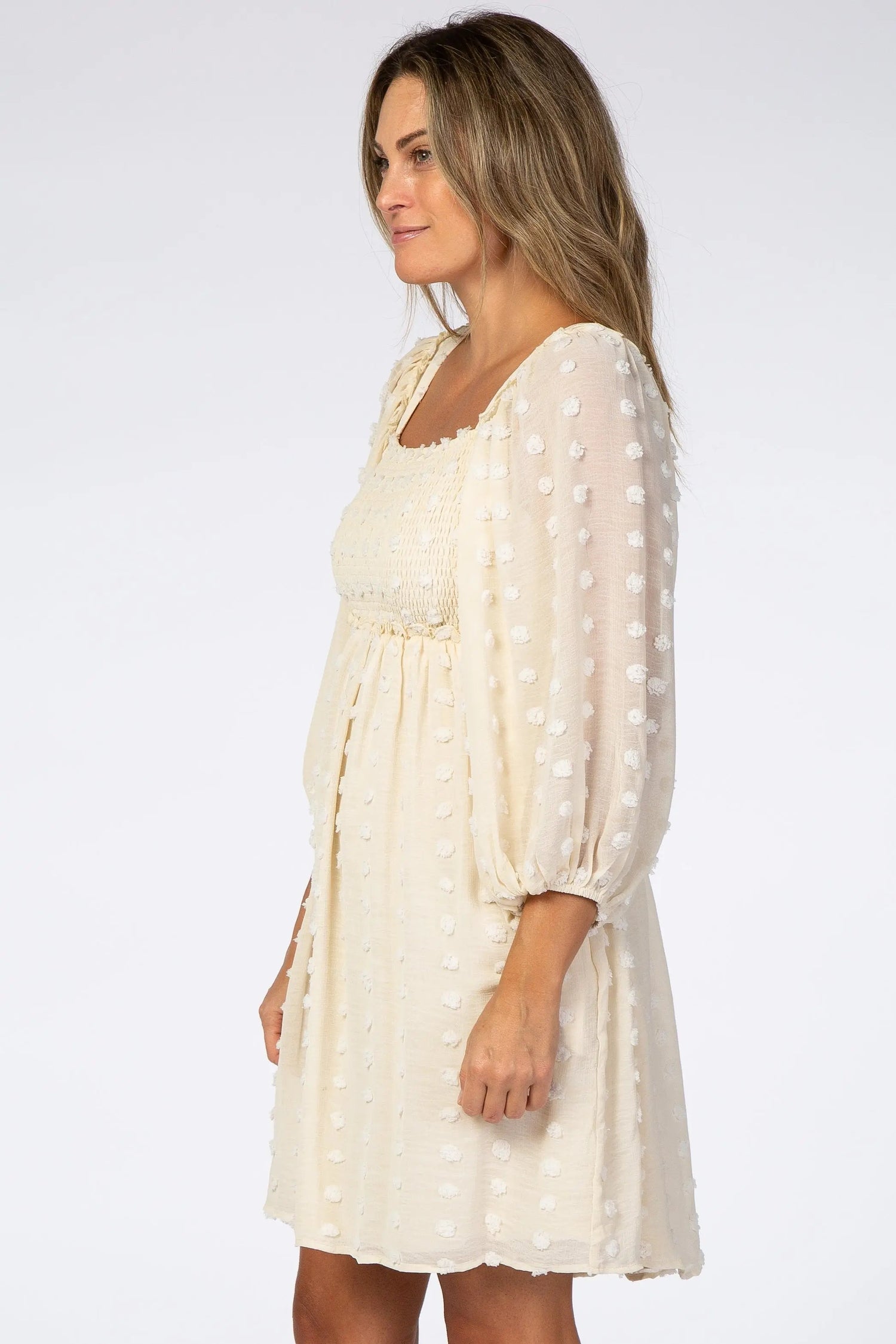 PinkBlush Beige Textured Dot Smocked Square Neck Chiffon Dress - 