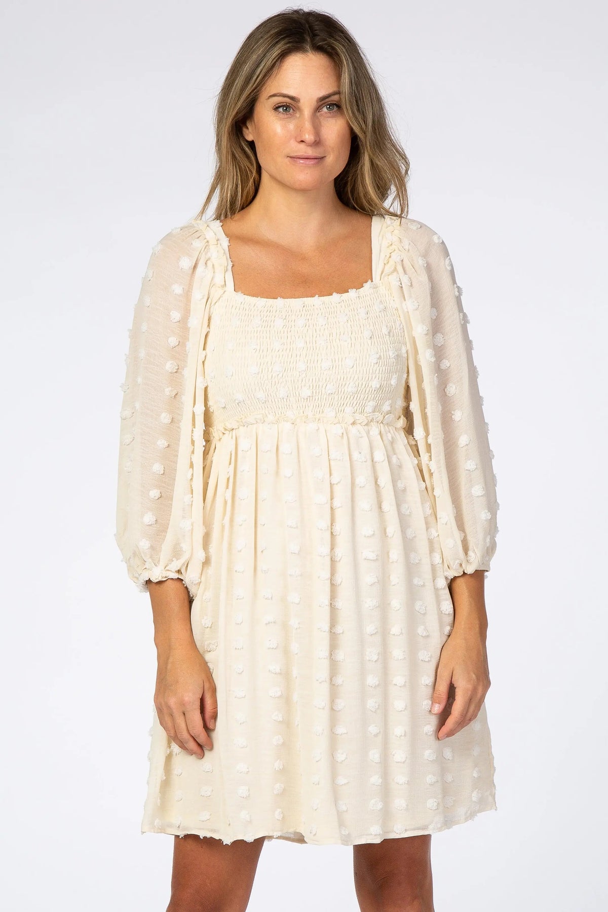 PinkBlush Beige Textured Dot Smocked Square Neck Chiffon Dress - 