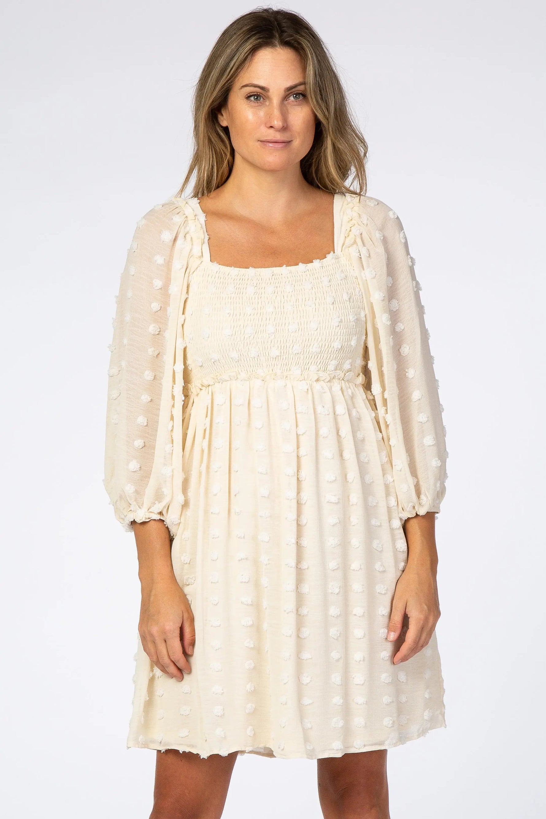 PinkBlush Beige Textured Dot Smocked Square Neck Chiffon Dress - 
