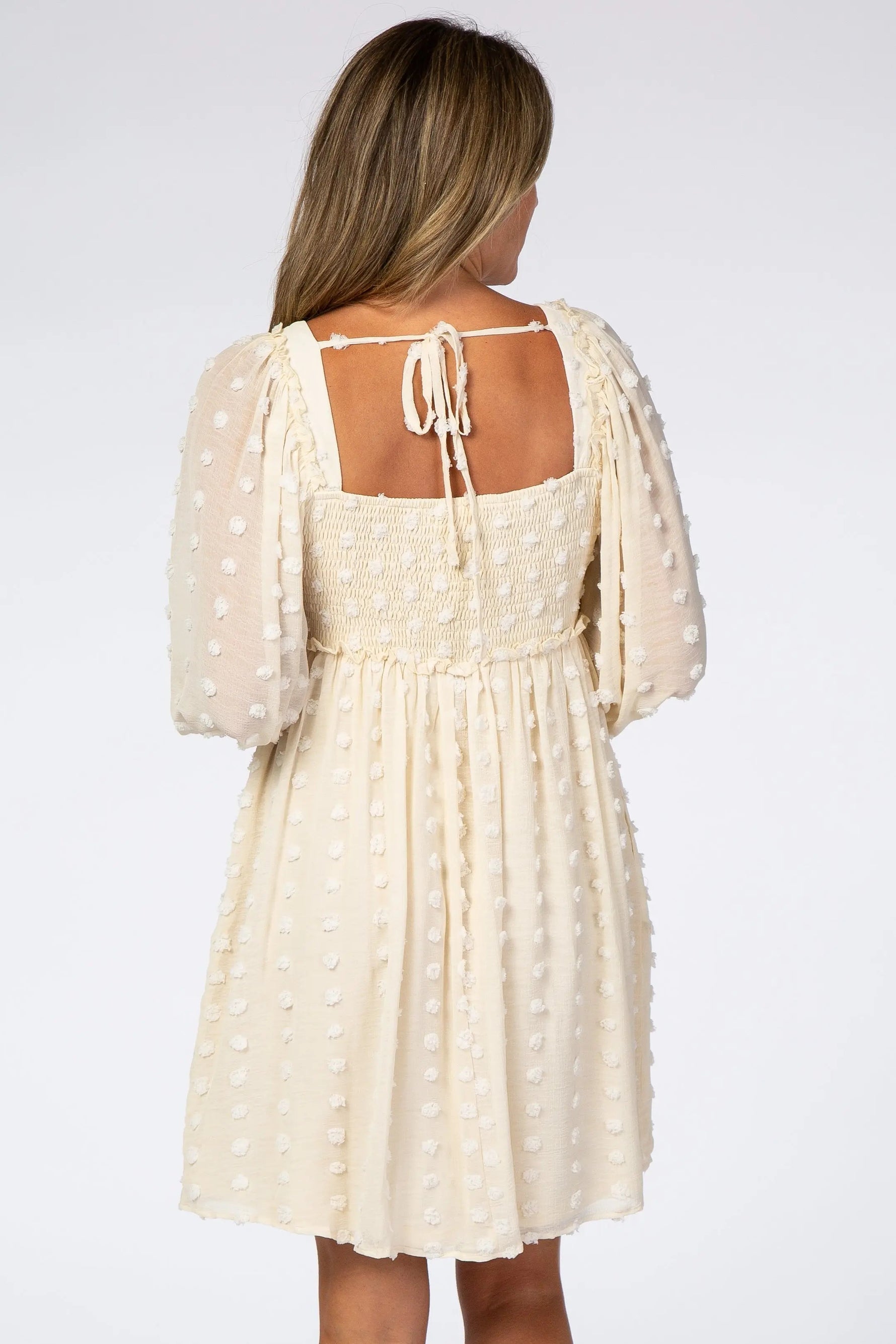 PinkBlush Beige Textured Dot Smocked Square Neck Chiffon Dress - 