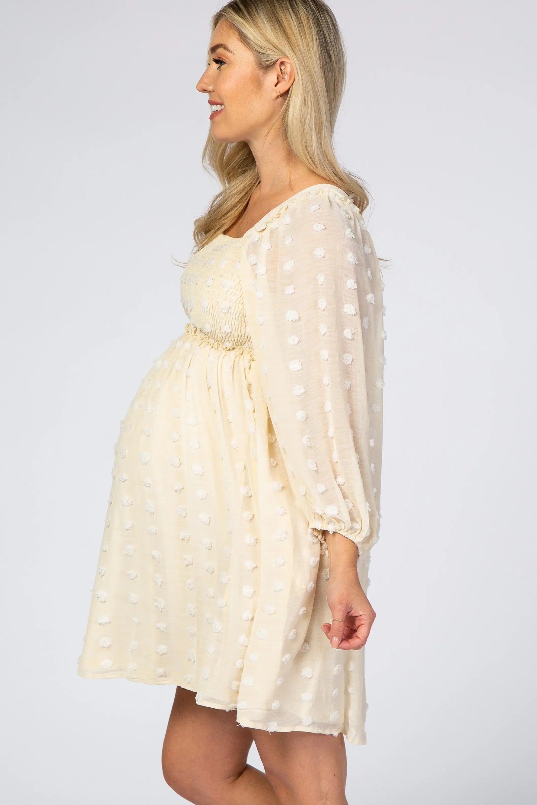PinkBlush Beige Textured Dot Smocked Square Neck Chiffon Maternity Dress - 