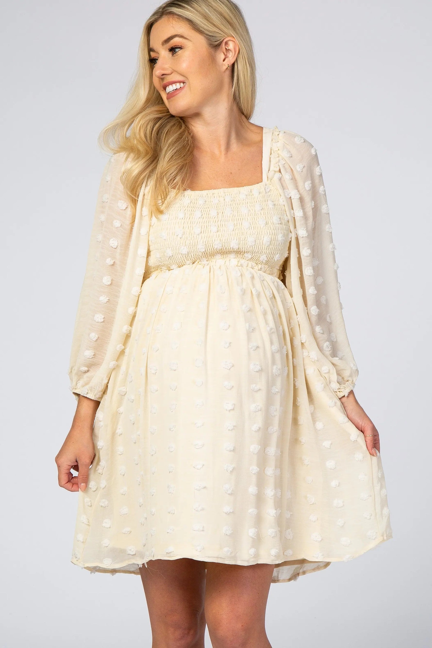 PinkBlush Beige Textured Dot Smocked Square Neck Chiffon Maternity Dress - 