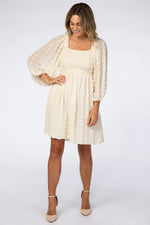 PinkBlush Beige Textured Dot Smocked Square Neck Chiffon Maternity Dress - 