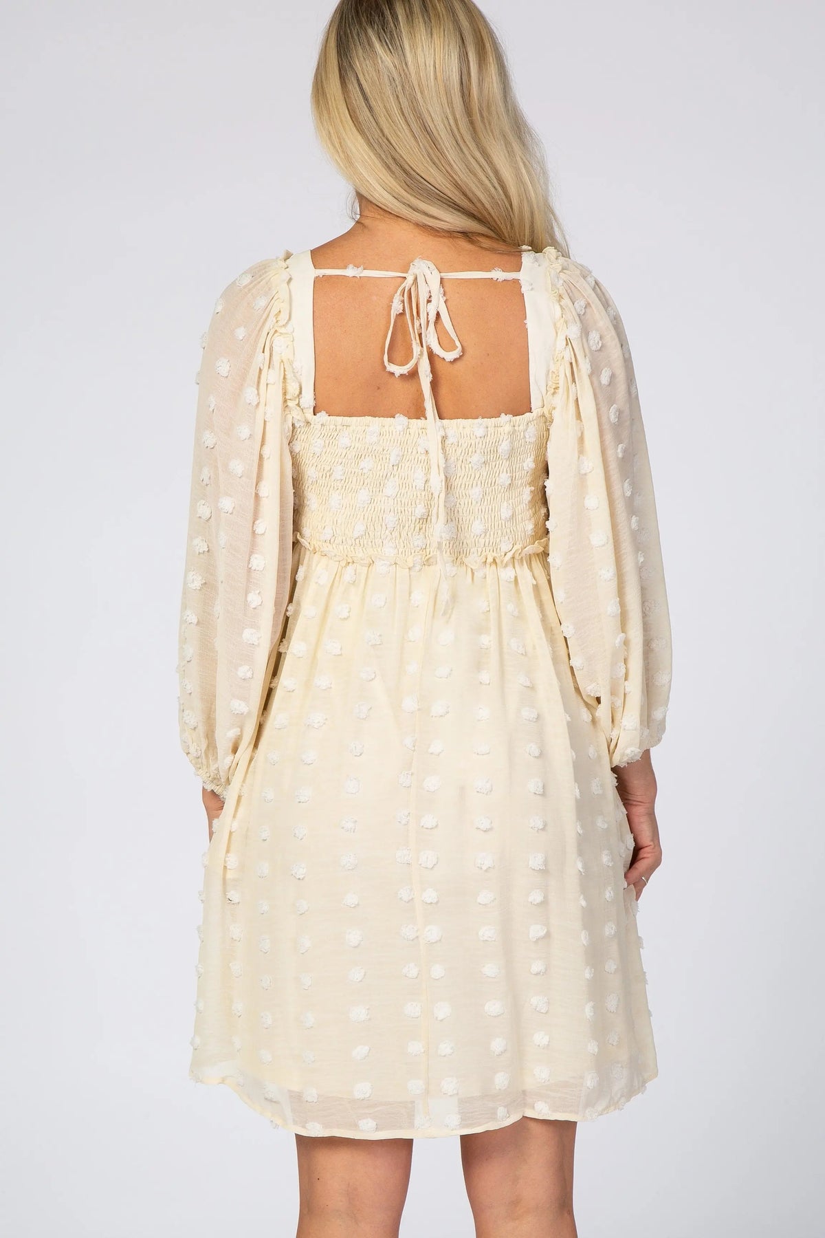 PinkBlush Beige Textured Dot Smocked Square Neck Chiffon Maternity Dress - 
