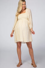 PinkBlush Beige Textured Dot Smocked Square Neck Chiffon Maternity Dress - 