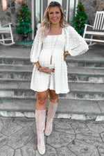 PinkBlush Beige Textured Dot Smocked Square Neck Chiffon Maternity Dress - 