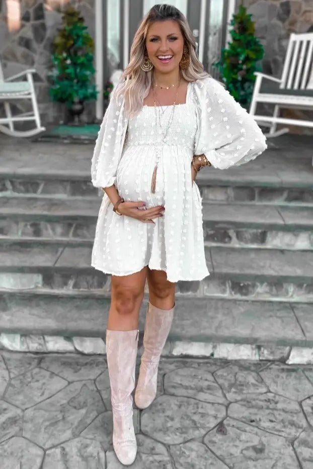PinkBlush Beige Textured Dot Smocked Square Neck Chiffon Maternity Dress - 