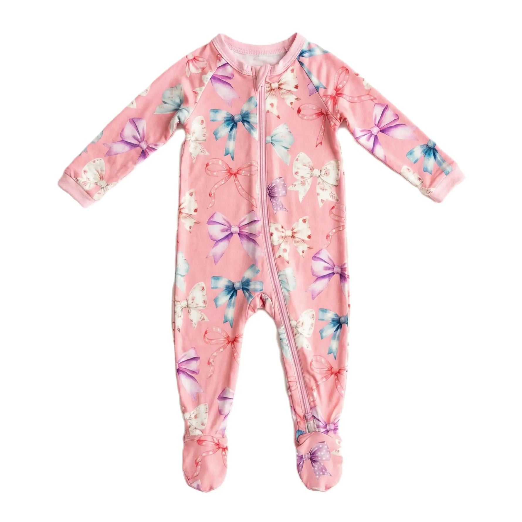 Bestaroo Bestaroo Bamboo Bow Print Baby Footie With 2 Way Zipper And Mittens - 