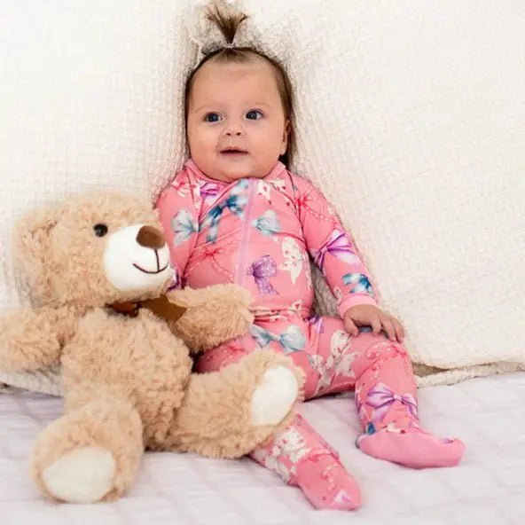 Bestaroo Bestaroo Bamboo Bow Print Baby Footie With 2 Way Zipper And Mittens - 