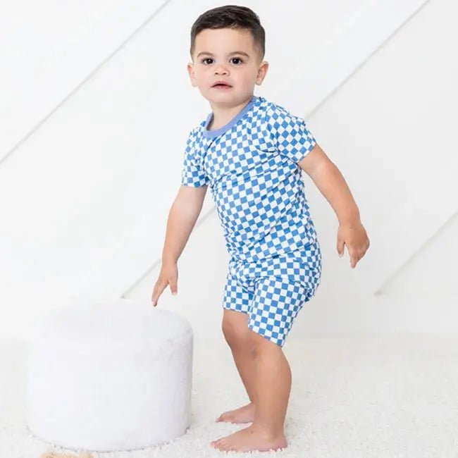 Bestaroo Bestaroo Blue Checks Bamboo Shorts Pajama Set For Kids - 