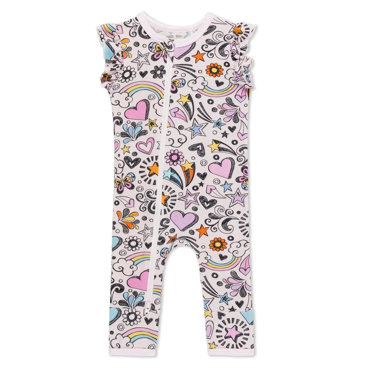 Bestaroo Bestaroo Doodle Days Flutter Sleeve Bamboo Baby Romper Dual Zippers - 