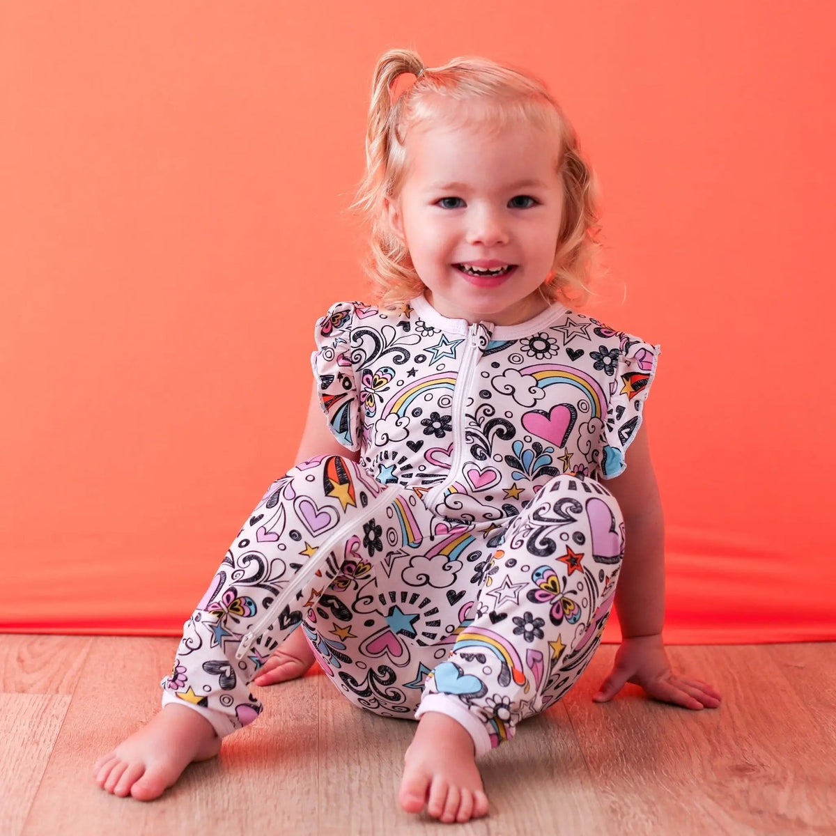 Bestaroo Bestaroo Doodle Days Flutter Sleeve Bamboo Baby Romper Dual Zippers - 
