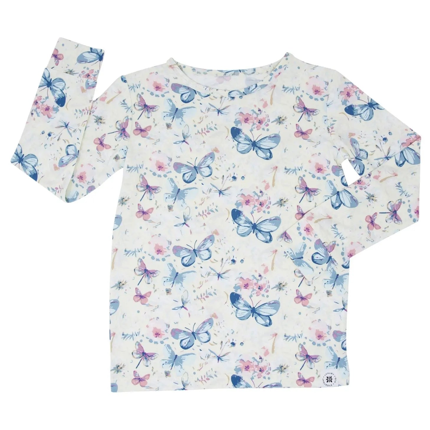 Watercolor Butterfly Kids Pajama Set Comfortable Long Sleeve Top and Cuffed Pants Sweet Bamboo