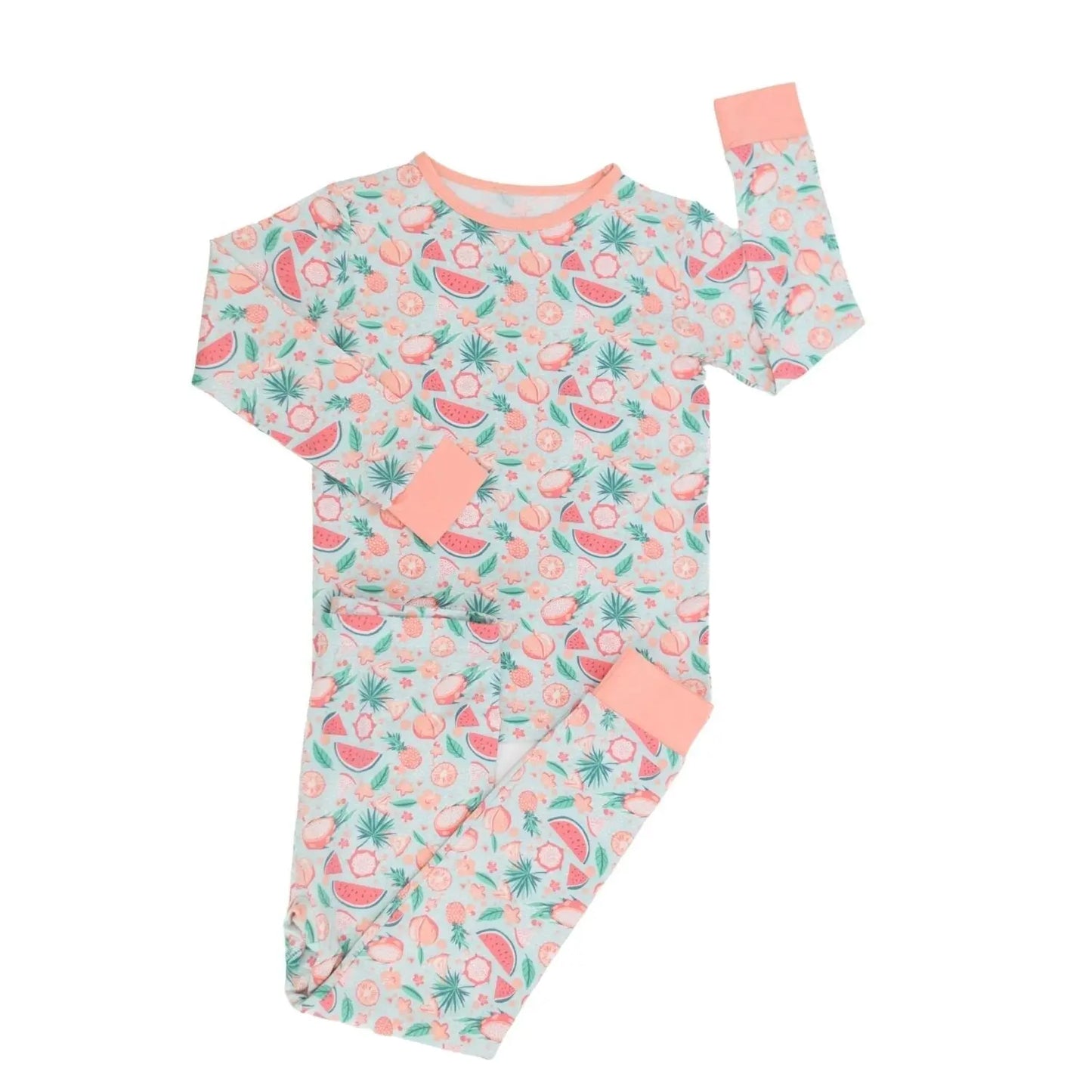 Big Kid Pajama Comfortable Long Sleeve Top and Pant Set Cuffed Legs and Arms Elastic Waistband Sweet Bamboo