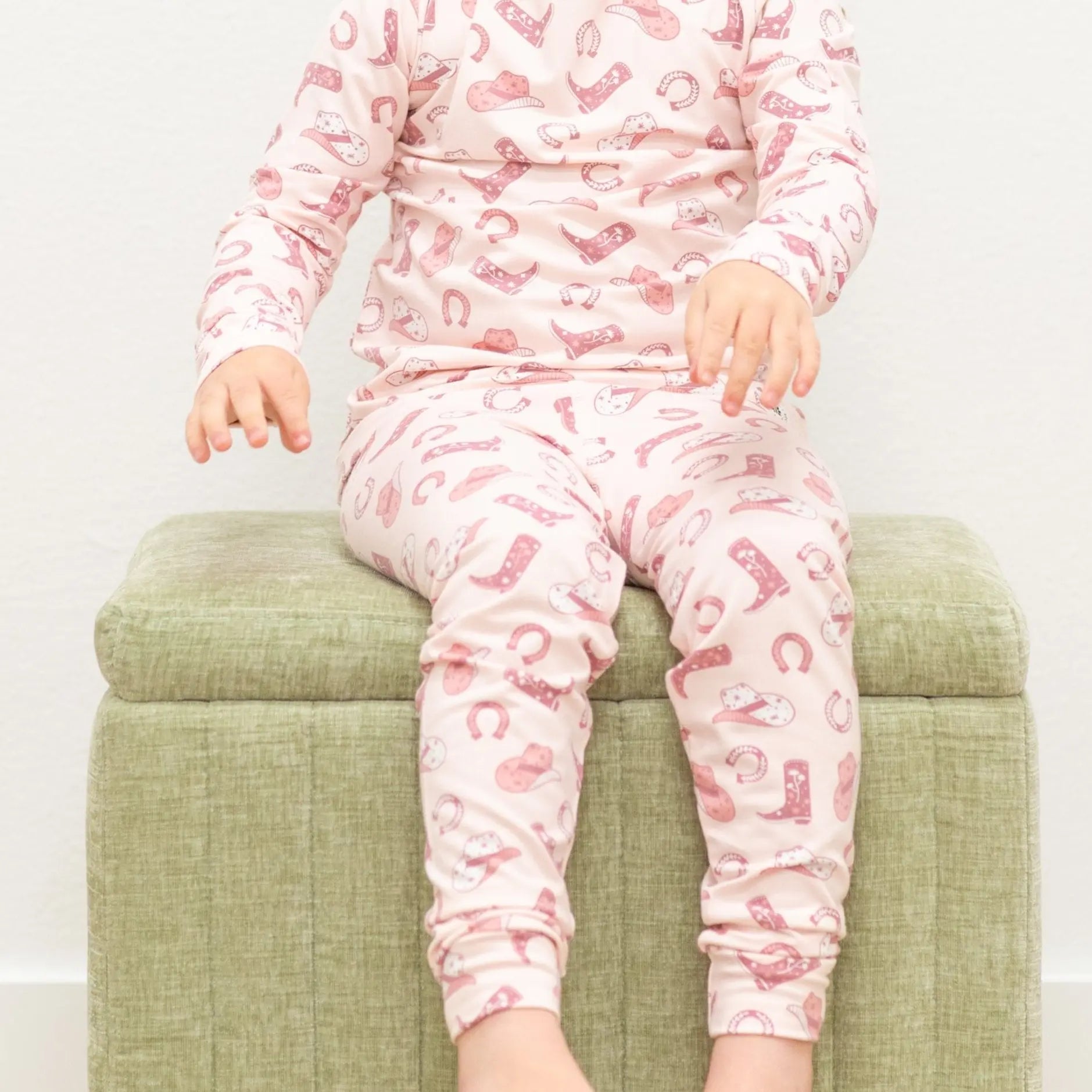 Pink Western Boots Pajama Set for Kids Comfortable Long Sleeve Top and Cuffed Pants Sweet Bamboo