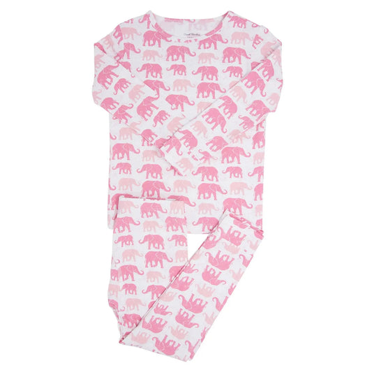 Pink Elephant 2 Piece Pajama Set for Kids Comfortable Long Sleeve Top and Cuffed Pants Sweet Bamboo