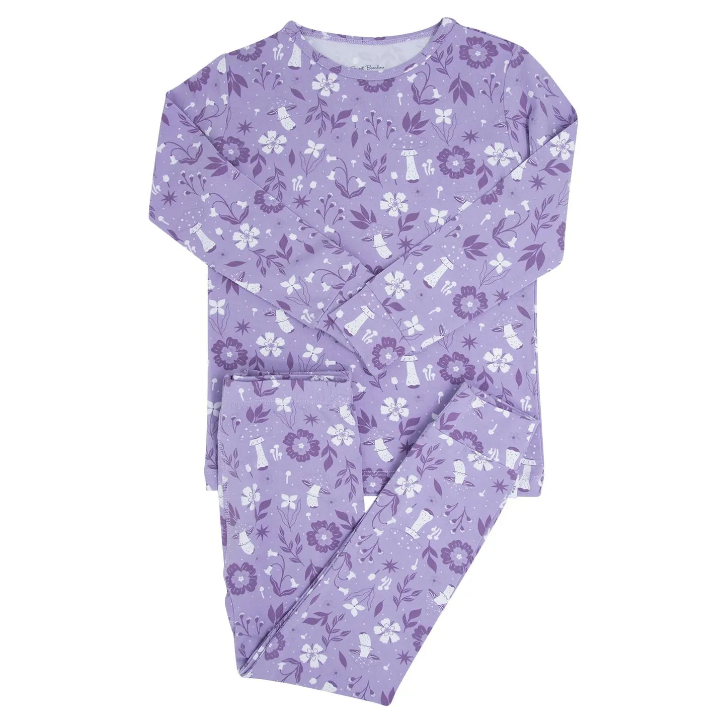 Mushroom Floral Kids Pajama Set Long Sleeve Top and Long Pant Comfortable Bedtime Wear Sweet Bamboo