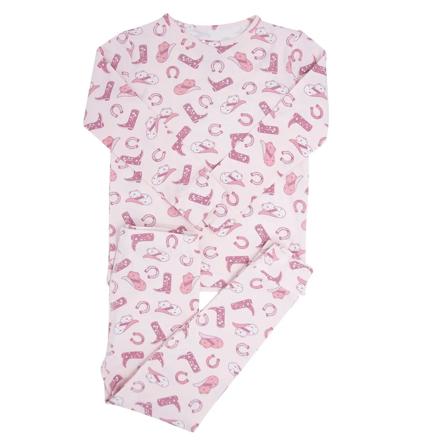 Pink Western Boots Pajama Set for Kids Comfortable Long Sleeve Top and Cuffed Pants Sweet Bamboo