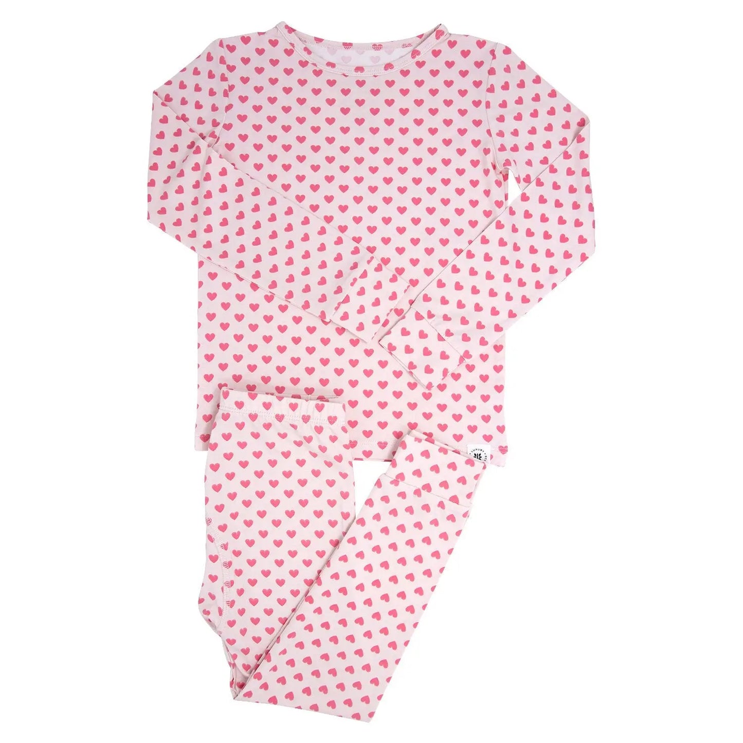 Pink Hearts Kids Pajama Set Comfortable Long Sleeve Top and Cuffed Leg Pants with Elastic Waistband Sweet Bamboo