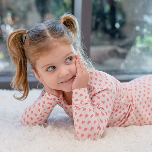 Pink Hearts Kids Pajama Set Comfortable Long Sleeve Top and Cuffed Leg Pants with Elastic Waistband Sweet Bamboo