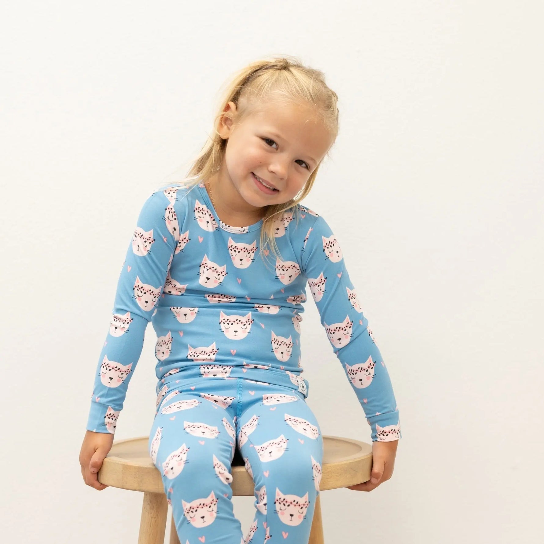 Pretty Pink Cat Big Kid Pajama Set for Comfortable Bedtime Fun Sweet Bamboo