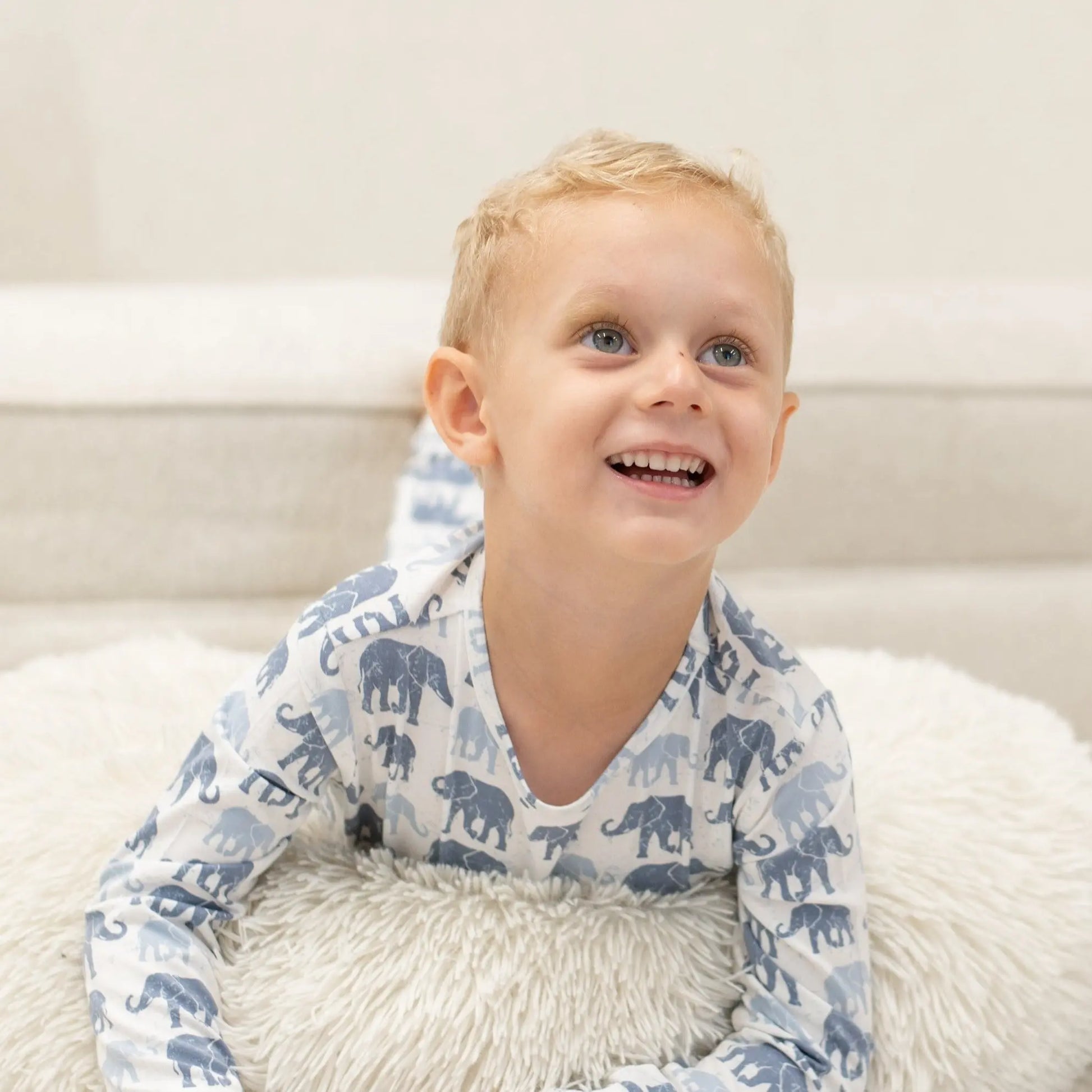Blue Elephant Two Piece Pajama Set for Kids Comfortable Long Sleeve Top and Cuffed Pants Sweet Bamboo