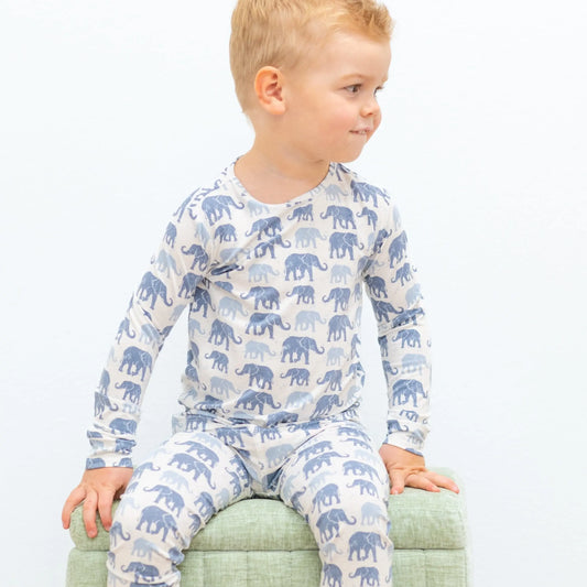 Blue Elephant Two Piece Pajama Set for Kids Comfortable Long Sleeve Top and Cuffed Pants Sweet Bamboo