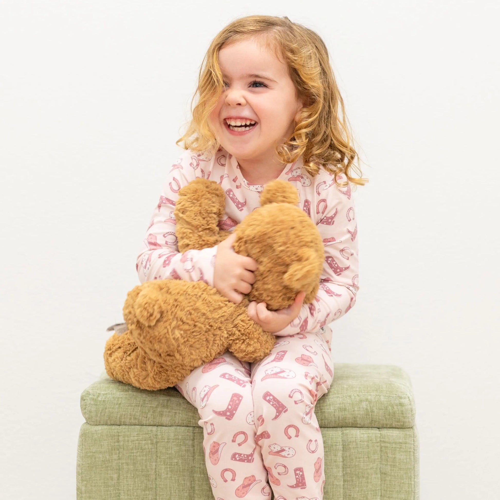 Pink Western Boots Pajama Set for Kids Comfortable Long Sleeve Top and Cuffed Pants Sweet Bamboo