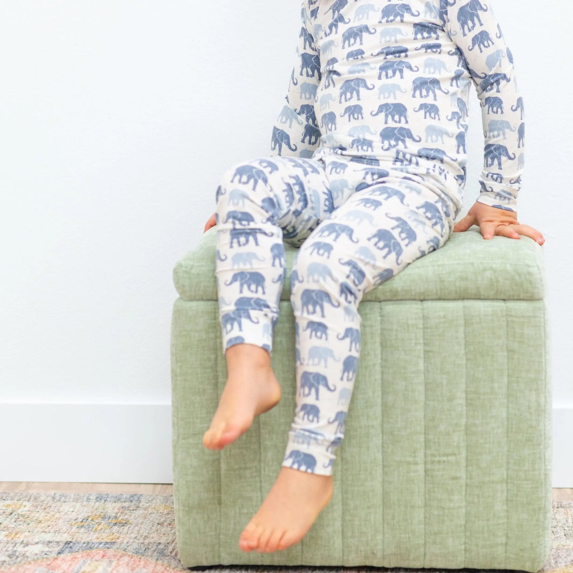 Blue Elephant Two Piece Pajama Set for Kids Comfortable Long Sleeve Top and Cuffed Pants Sweet Bamboo