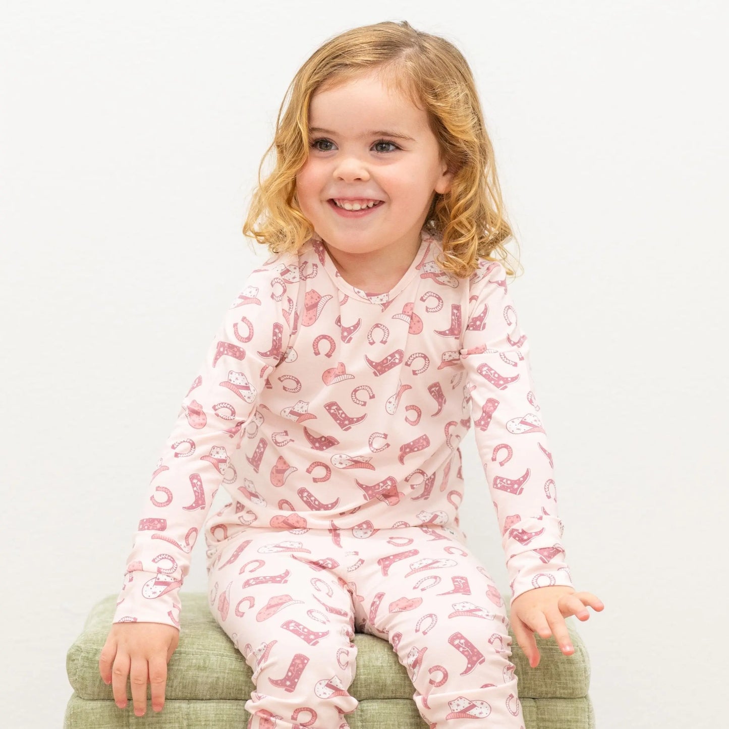 Pink Western Boots Pajama Set for Kids Comfortable Long Sleeve Top and Cuffed Pants Sweet Bamboo