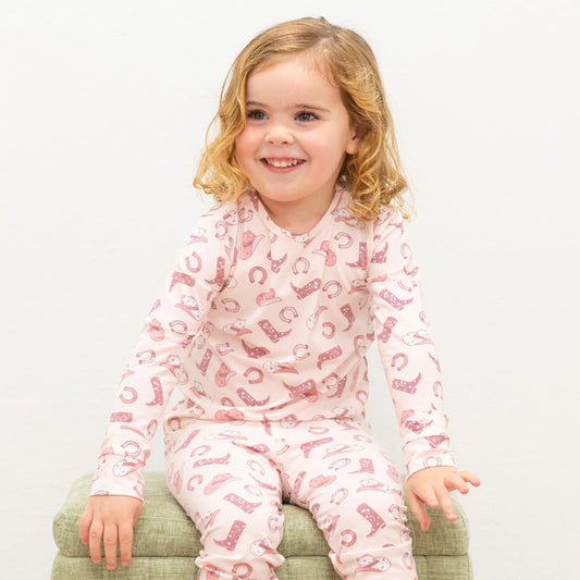 Pink Western Boots Pajama Set for Kids Comfortable Long Sleeve Top and Cuffed Pants Sweet Bamboo