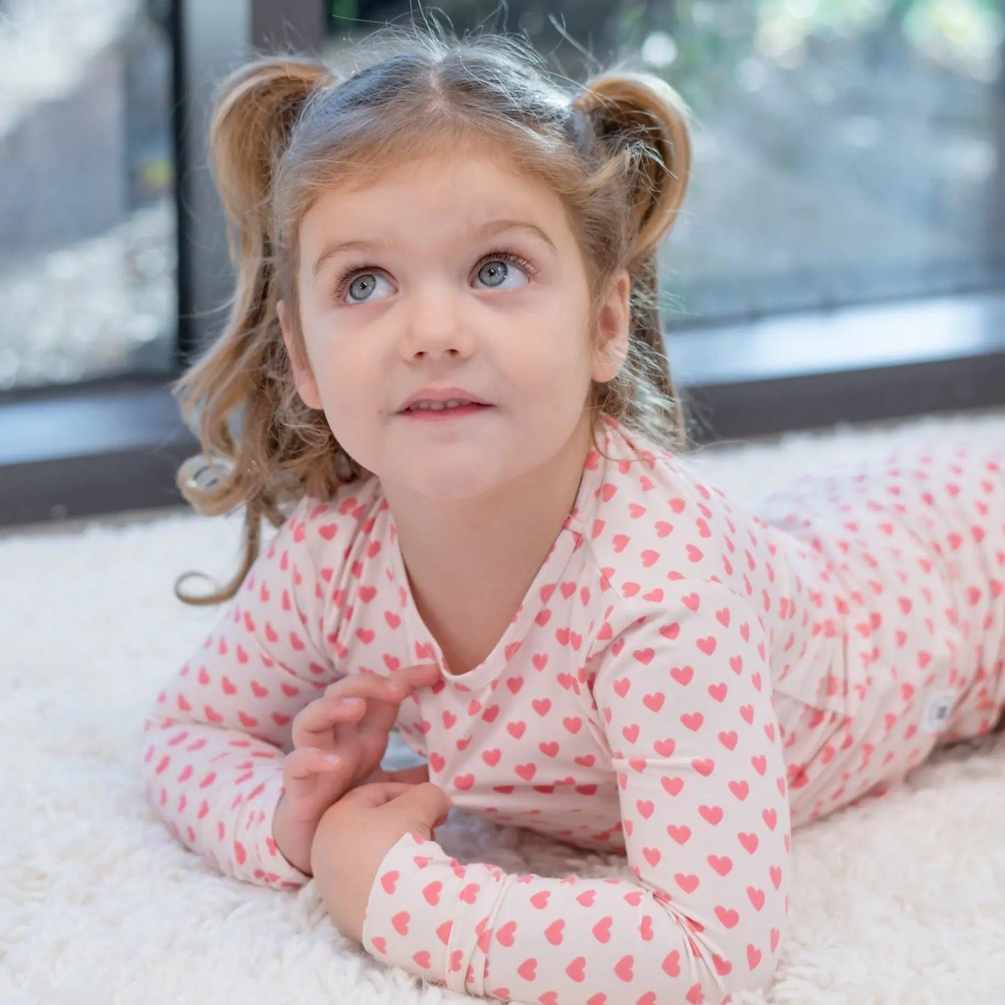 Pink Hearts Kids Pajama Set Comfortable Long Sleeve Top and Cuffed Leg Pants with Elastic Waistband Sweet Bamboo
