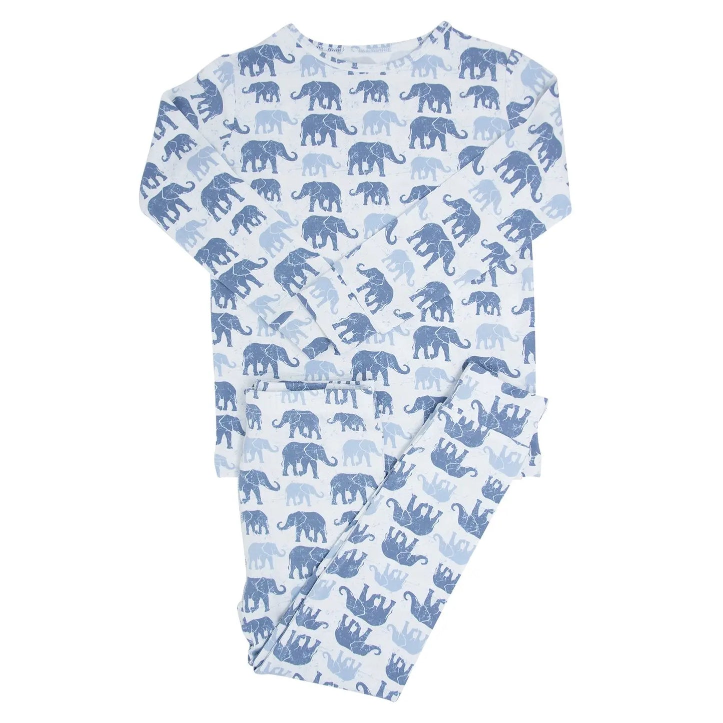 Blue Elephant Two Piece Pajama Set for Kids Comfortable Long Sleeve Top and Cuffed Pants Sweet Bamboo
