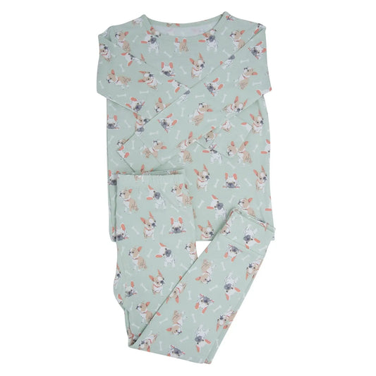 Mint Frenchie Puppy Big Kid Pajama Set for Comfortable Bedtime Wear Sweet Bamboo