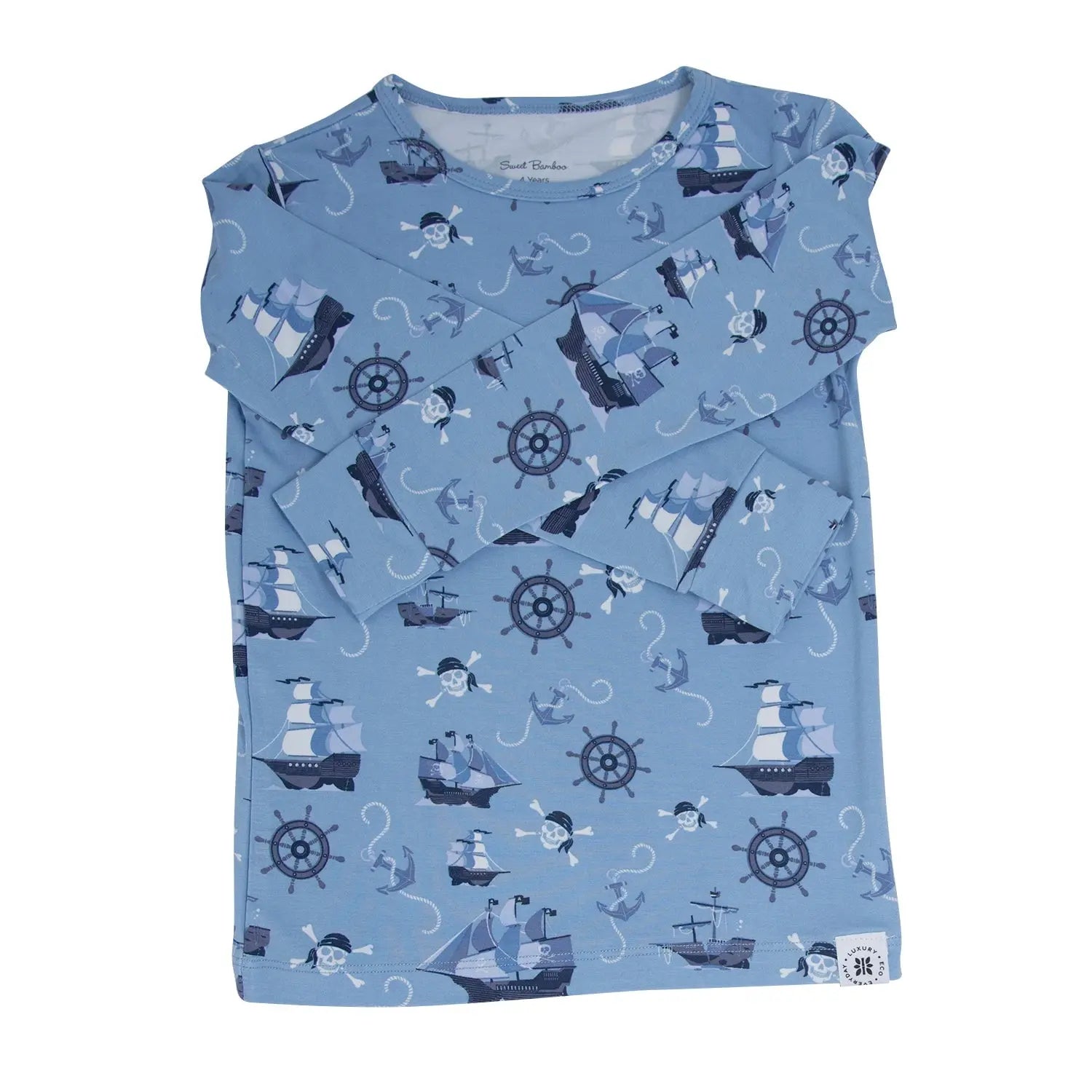 Pirate Ships Big Kid Pajama Comfortable Long Sleeve Top and Cuffed Pants Set Sweet Bamboo