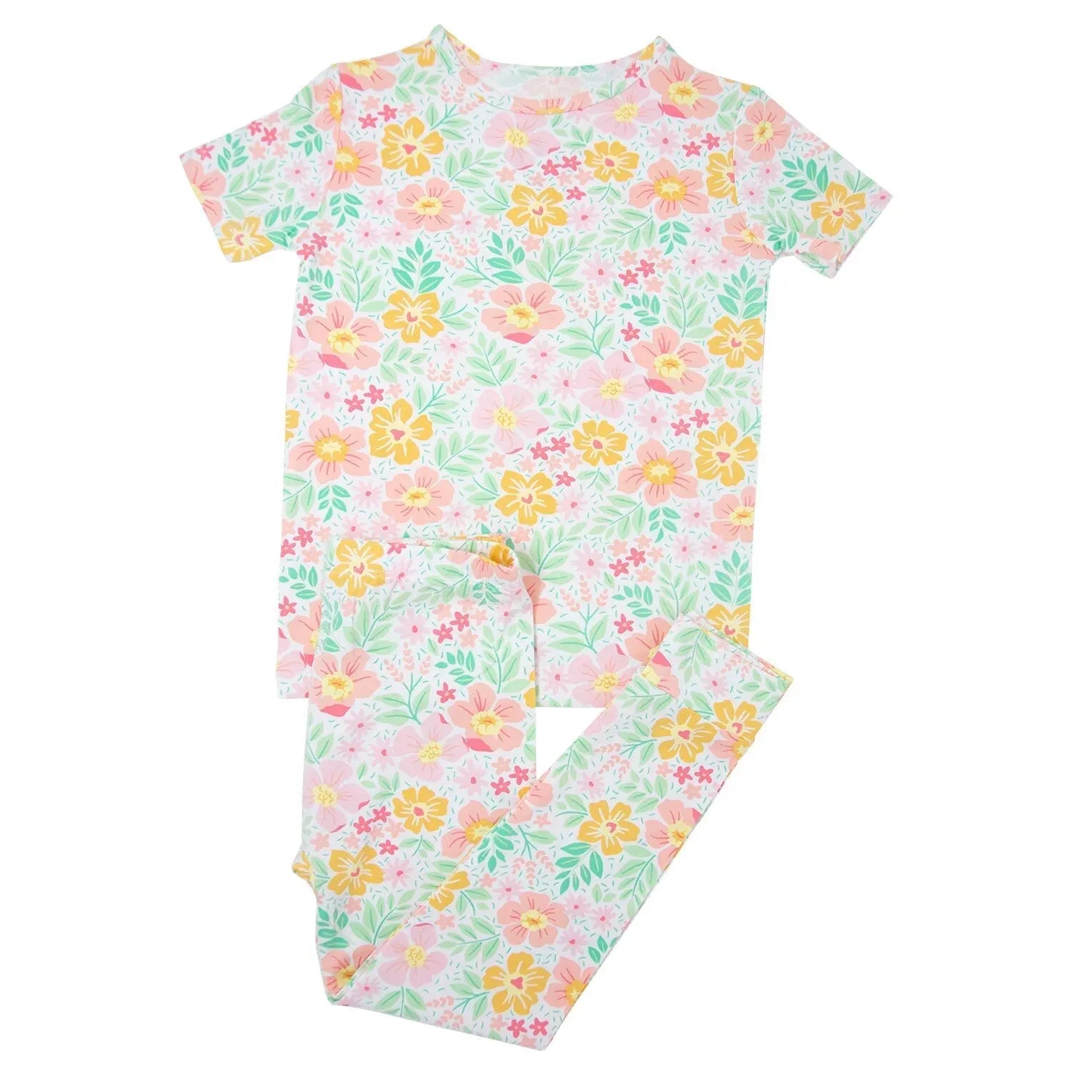 Big Kid Short Sleeve Pajama Set All Season Comfortable Cuffed Pants for Kids Sweet Bamboo