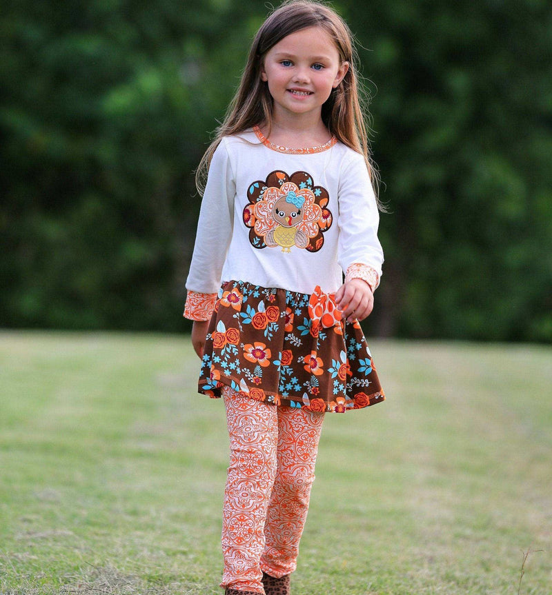 Girls autumn floral turkey tunic and leggings set with turkey applique and orange damask bow.