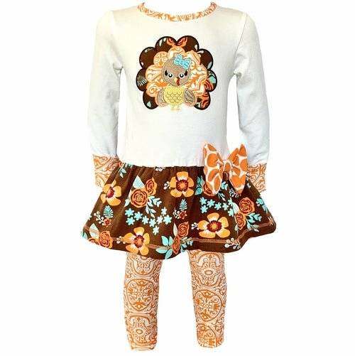 Girls Autumn Floral Turkey Tunic and Leggings with Turkey Applique and Orange Damask Bow.