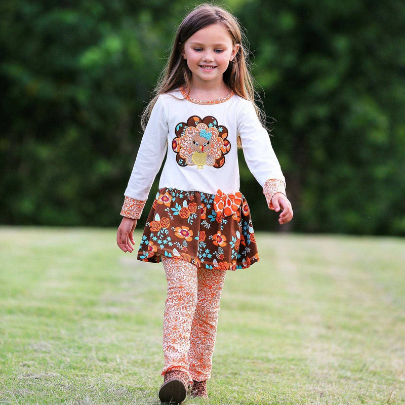 Girls Autumn Floral Turkey Tunic and Leggings Outfit with Turkey Applique