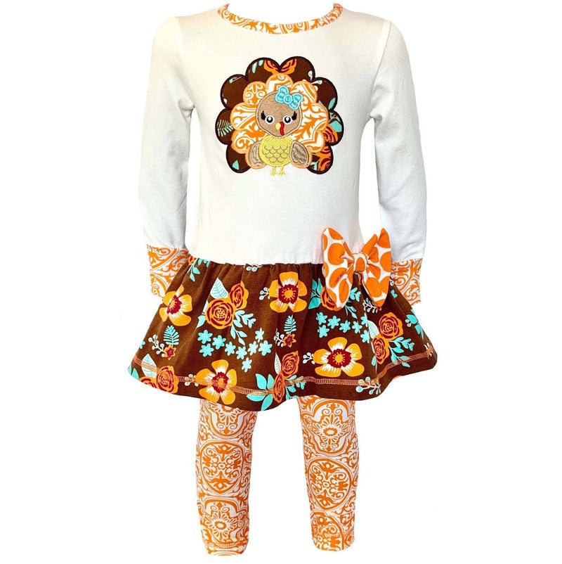 Girls Autumn Floral Turkey Tunic and Leggings Set with Applique