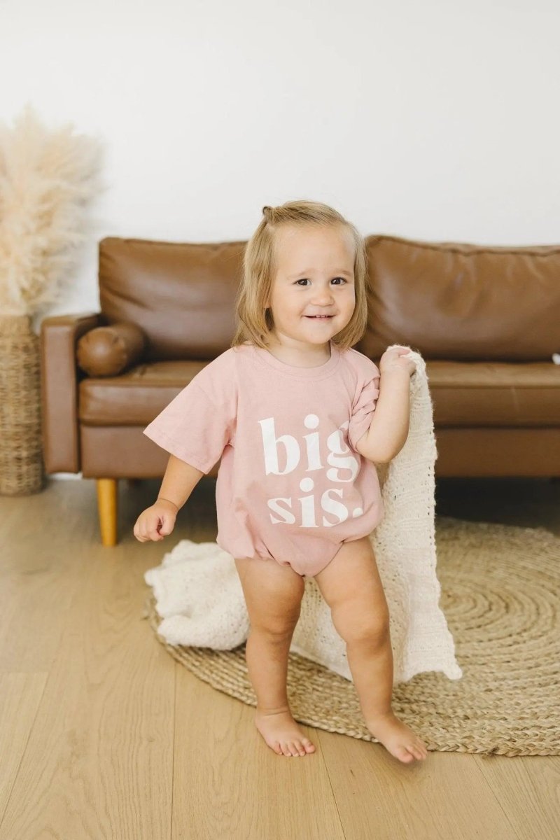 Little Joy Co. Big Sis Bubble Romper Mauve Rolled Sleeves Outfit for Girls - Everetts Place Boutique - 