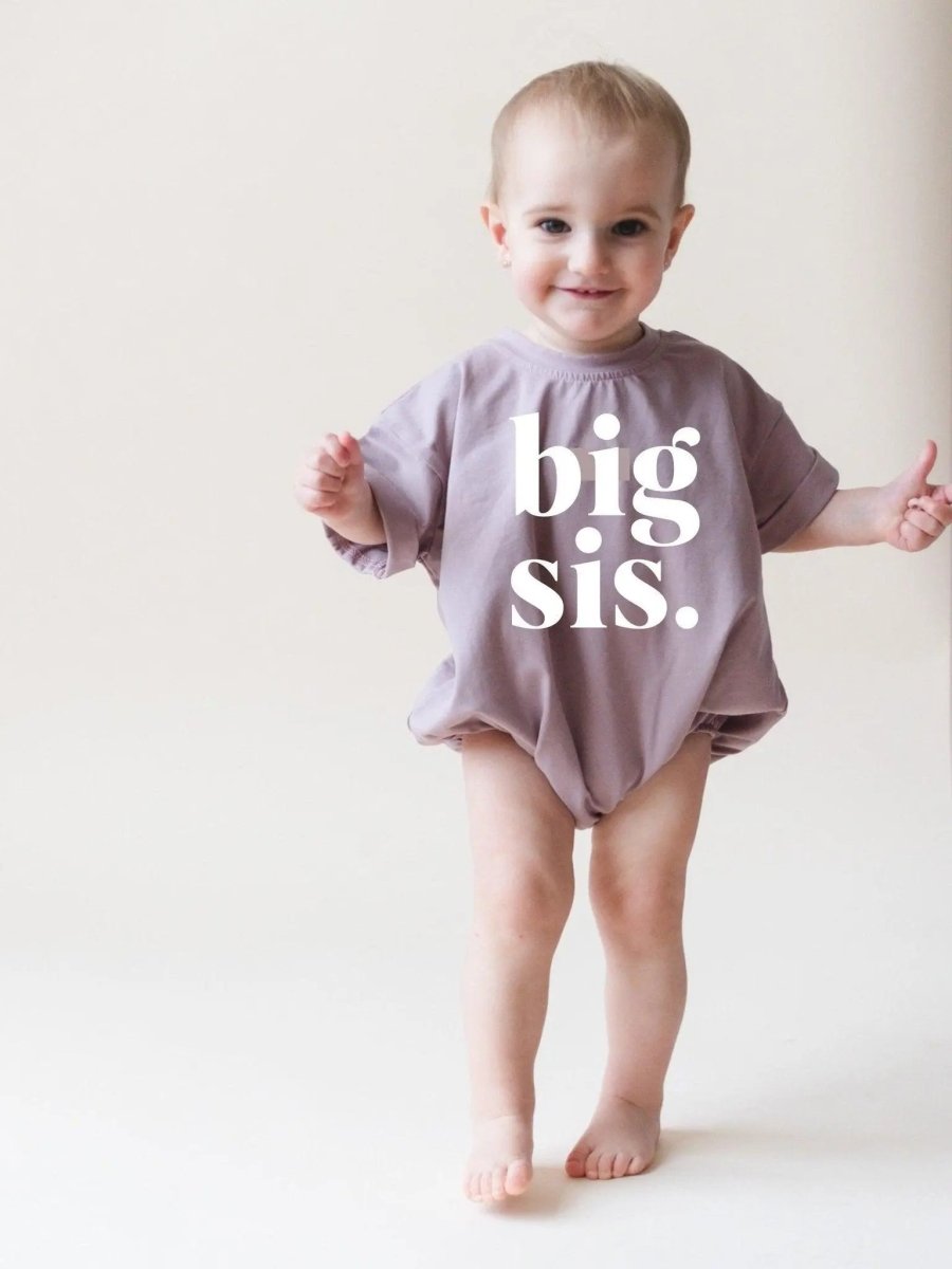 Little Joy Co. Big Sis Bubble Romper Mauve Rolled Sleeves Outfit for Girls - Everetts Place Boutique - 