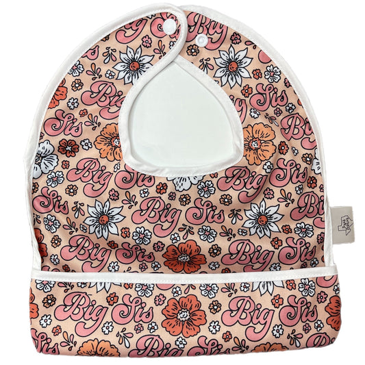 Big Sis Floral Flip Bib With Pocket For Food And Drool Machine Washable Water Resistant PUL Texas Tushies