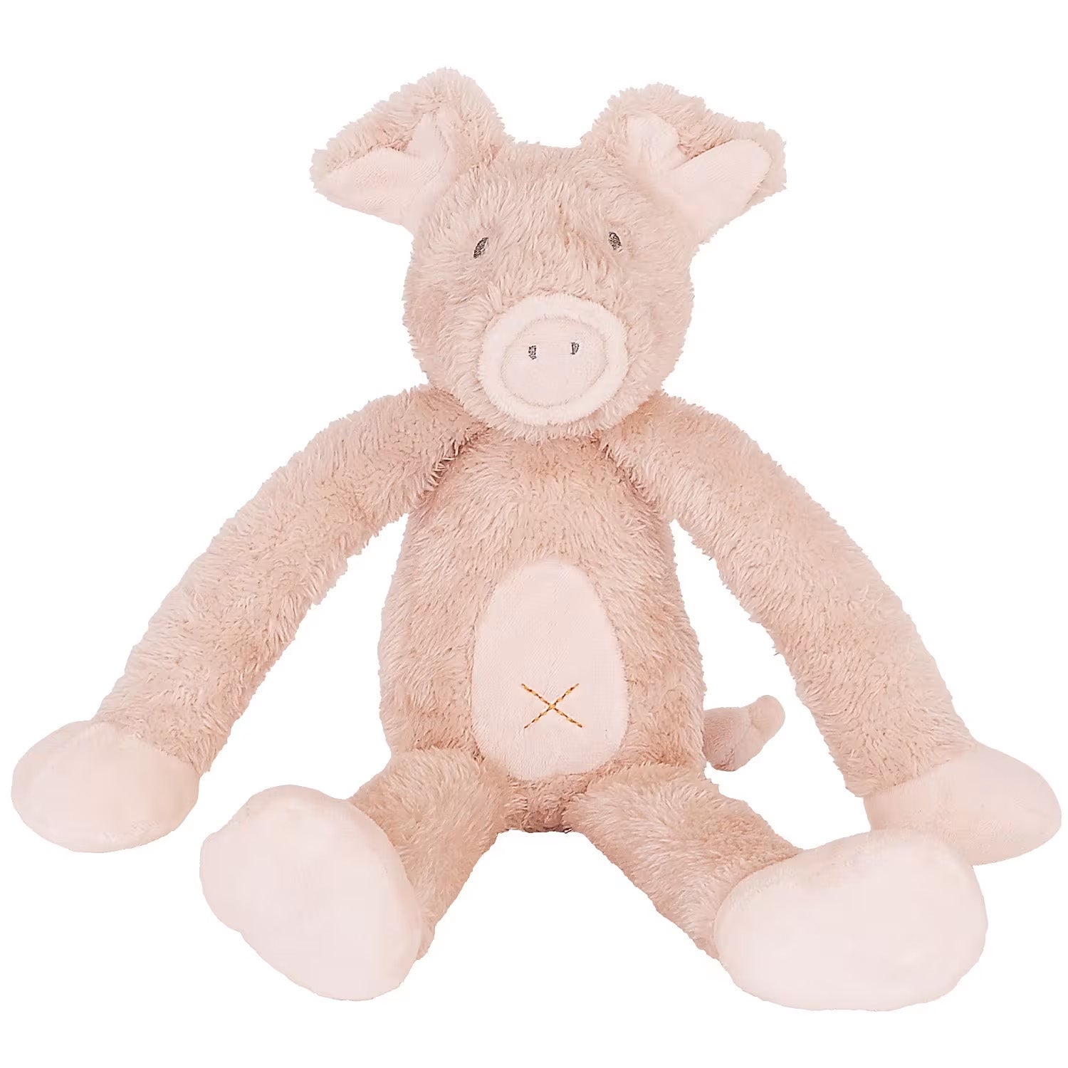 Pink plush pig toy with a cheerful smiling face and soft rounded body, standing upright.