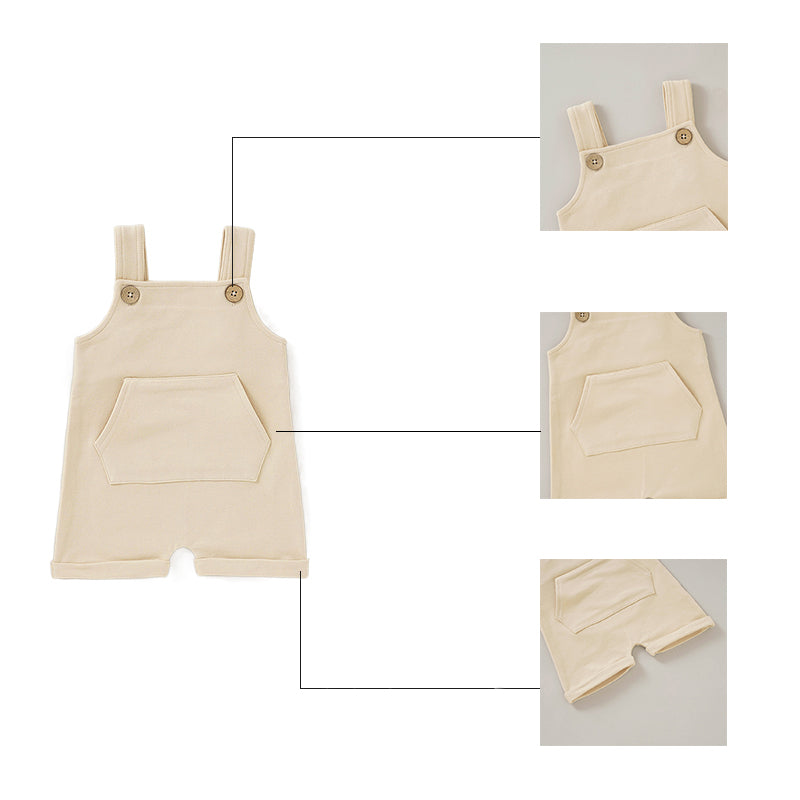 French Terry Baby Overall with buttons and front pocket, made from organic cotton and spandex.