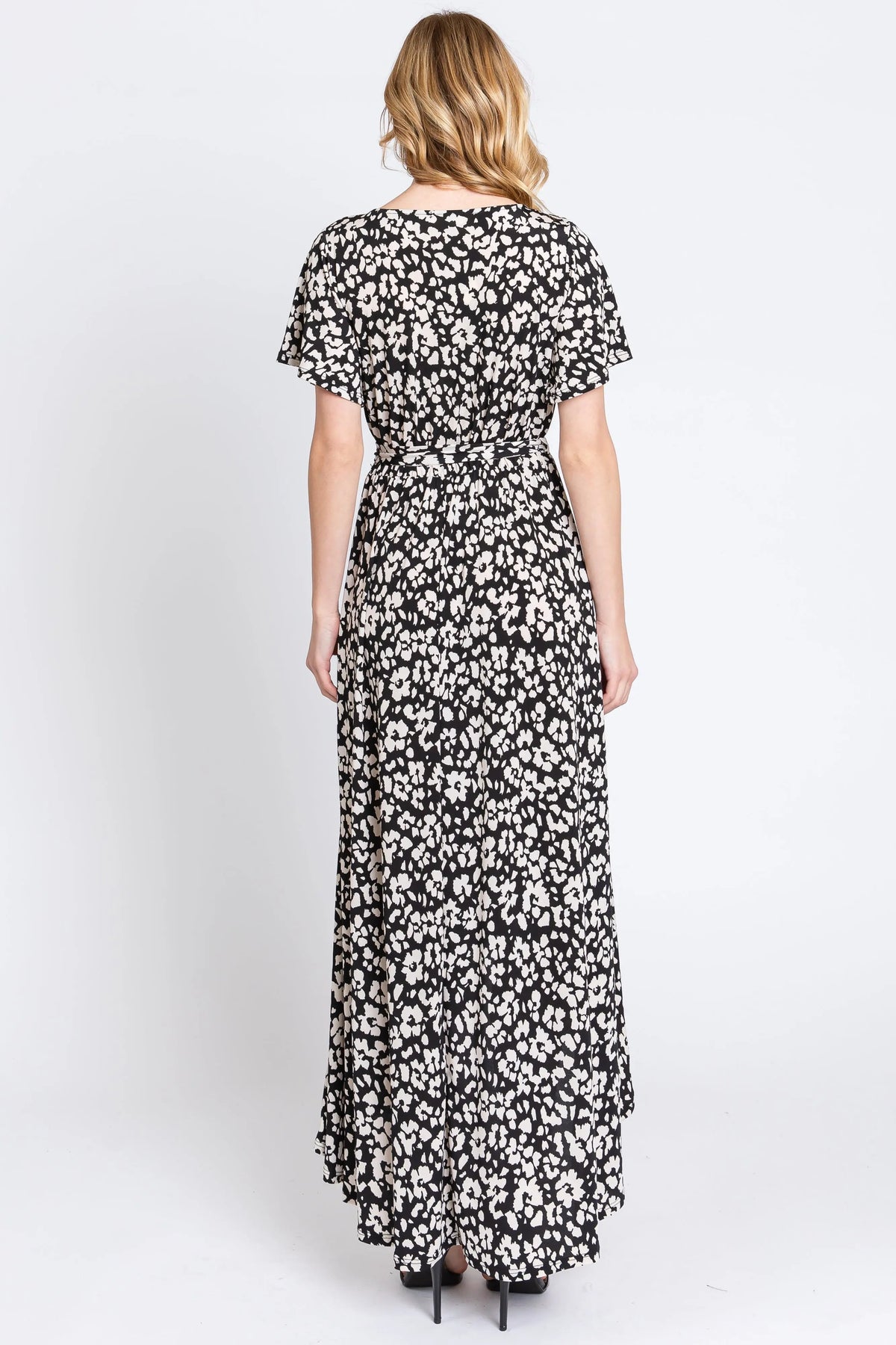 PinkBlush Black Animal Print Wrap Front V - Neck Hi - Low Midi Dress - 